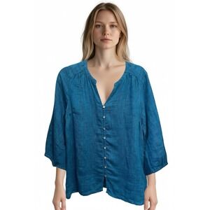 J Jill Linen Button Up Blouse Teal 100% Linen Tunic 3/4 Sleeve Size S